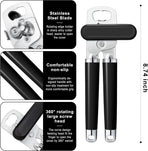 XL Large Heavy Duty Can Opener Manual Smooth Edge, Hand Held Can Openers for Seniors, Stainless Steel, Comfortable Handle, Built-in Bottle Opener, 8.66 inch (Black)