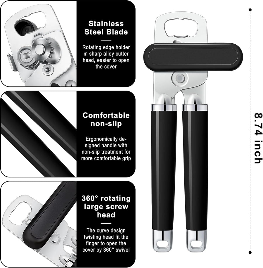 XL Large Heavy Duty Can Opener Manual Smooth Edge, Hand Held Can Openers for Seniors, Stainless Steel, Comfortable Handle, Built-in Bottle Opener, 8.66 inch (Black)