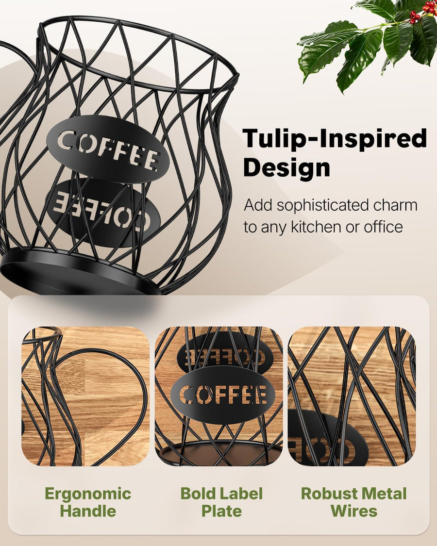 K Cup Holder with Ice Tongs, Large Capacity Coffee Pod Holder for 10-30 Capsules, Metal Wire K Cup Organizer Coffee Pod Organizer, Storage Basket for Kitchen Office Accessories