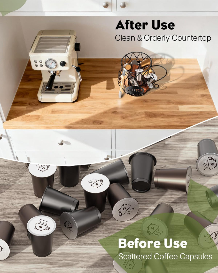 K Cup Holder with Ice Tongs, Large Capacity Coffee Pod Holder for 10-30 Capsules, Metal Wire K Cup Organizer Coffee Pod Organizer, Storage Basket for Kitchen Office Accessories