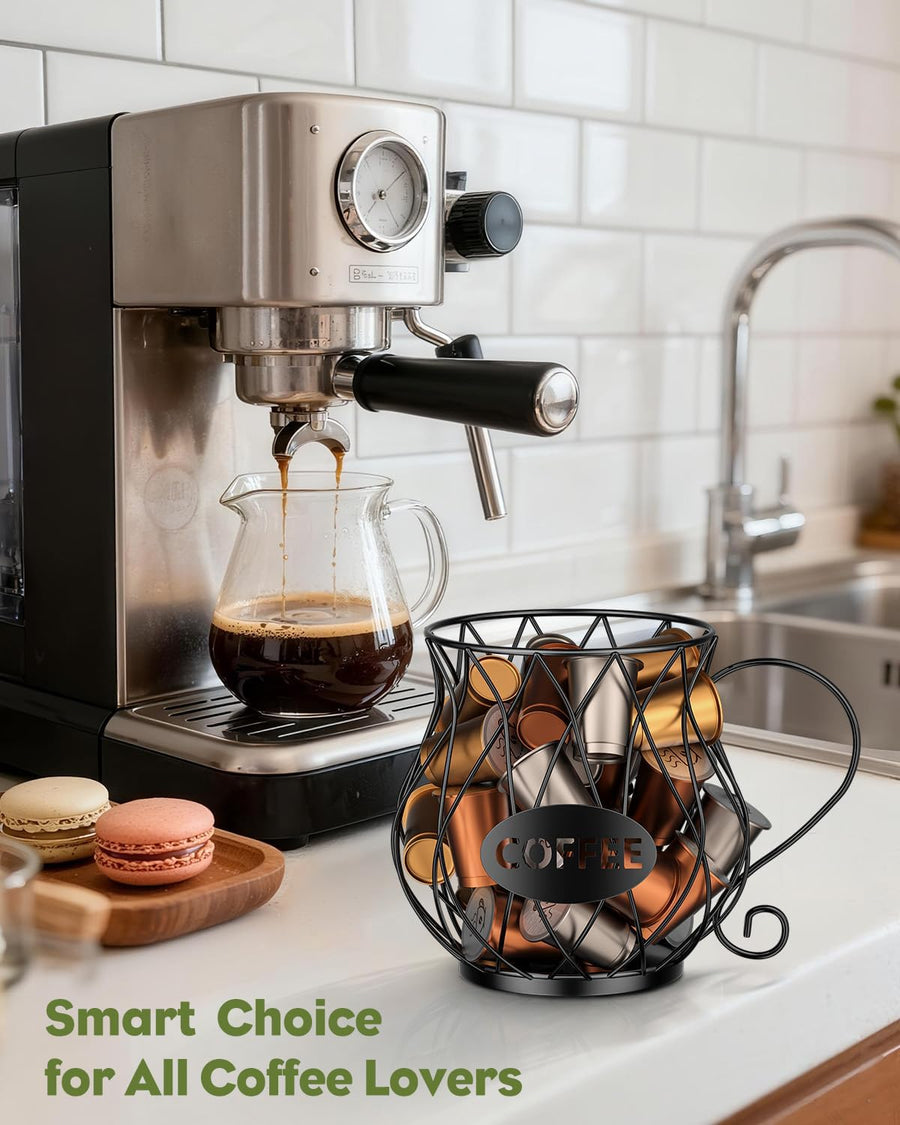 K Cup Holder with Ice Tongs, Large Capacity Coffee Pod Holder for 10-30 Capsules, Metal Wire K Cup Organizer Coffee Pod Organizer, Storage Basket for Kitchen Office Accessories