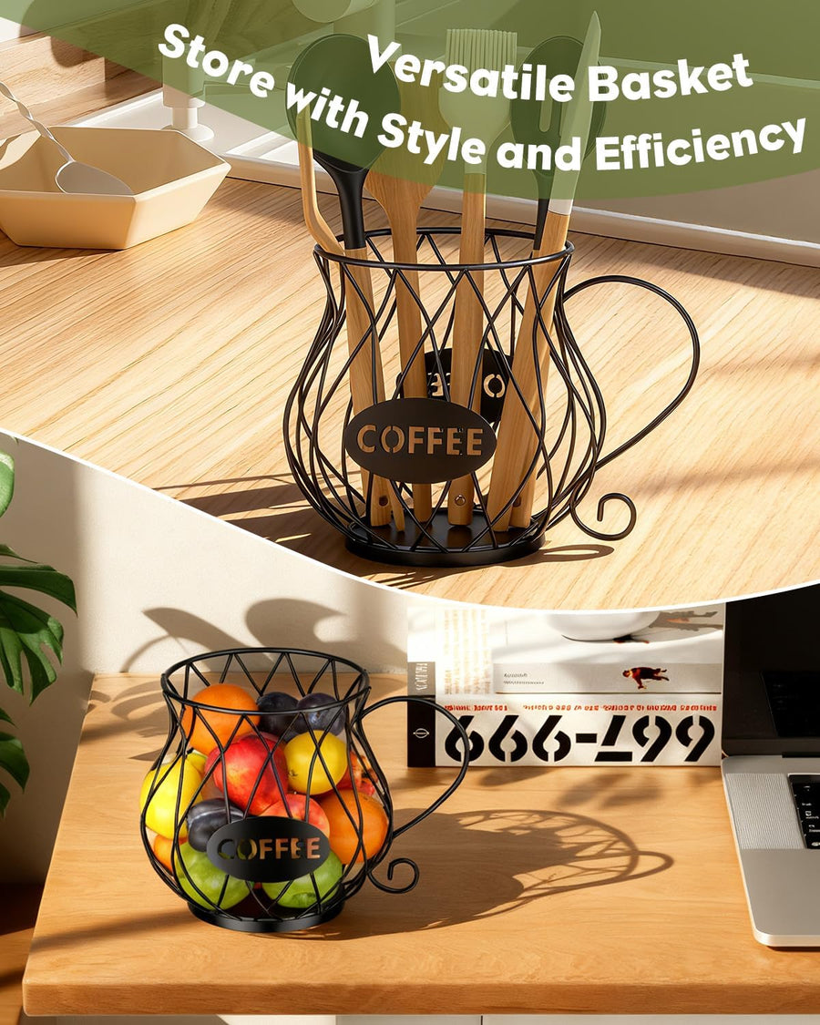 K Cup Holder with Ice Tongs, Large Capacity Coffee Pod Holder for 10-30 Capsules, Metal Wire K Cup Organizer Coffee Pod Organizer, Storage Basket for Kitchen Office Accessories