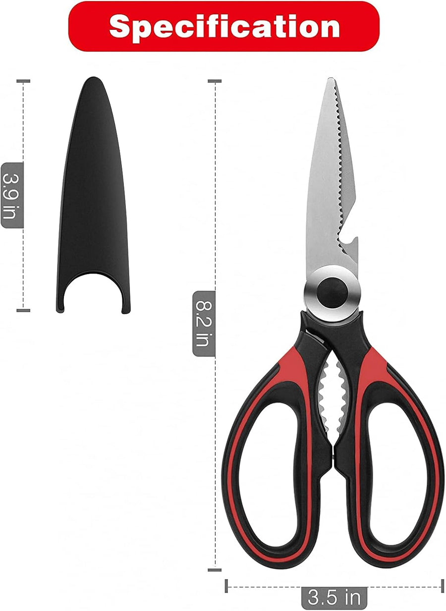 Heavy Duty Kitchen Shears with Protective Sheath Kitchen Meat Scissors, Dishwasher Safe Cooking Scissors for Chicken, Poultry, Fish, Herbs (Black+Red)