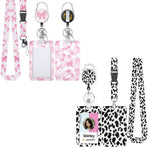 Fashionable Sliding Badge Holder Bowknot Pattern & Leopard Print Plastic Card Holder with Retractable Badge Reel Carabiner & Detachable Lanyard Vertical Card Protector