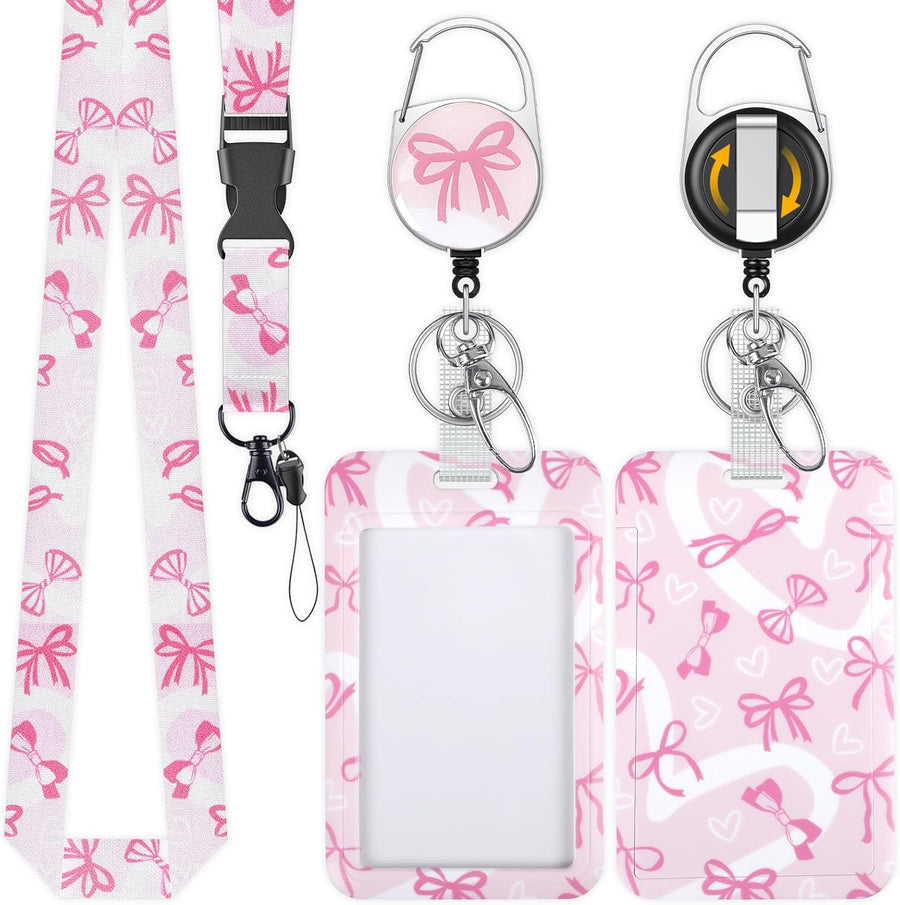 Fashionable Sliding Badge Holder Bowknot Pattern & Leopard Print Plastic Card Holder with Retractable Badge Reel Carabiner & Detachable Lanyard Vertical Card Protector