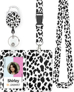 Fashionable Sliding Badge Holder Bowknot Pattern & Leopard Print Plastic Card Holder with Retractable Badge Reel Carabiner & Detachable Lanyard Vertical Card Protector
