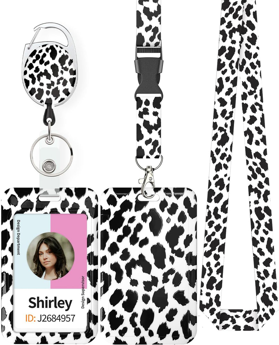 Fashionable Sliding Badge Holder Bowknot Pattern & Leopard Print Plastic Card Holder with Retractable Badge Reel Carabiner & Detachable Lanyard Vertical Card Protector