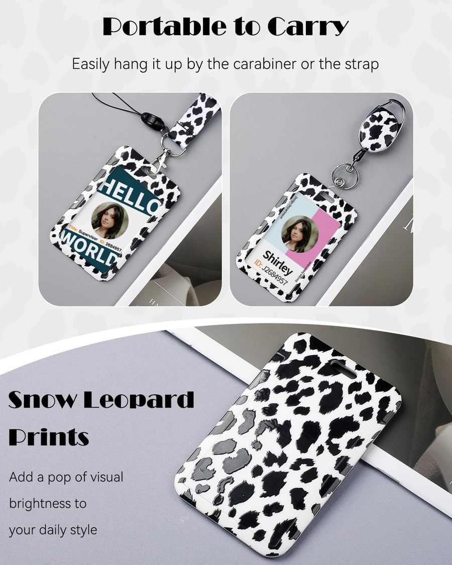 Fashionable Sliding Badge Holder Bowknot Pattern & Leopard Print Plastic Card Holder with Retractable Badge Reel Carabiner & Detachable Lanyard Vertical Card Protector