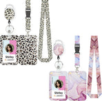 Fashionable Sliding Badge Holder Leopard Print & Pink Marble Plastic Case with Retractable Badge Reel Carabiner Clip & Detachable Lanyard Strap Vertical Card Protector for Worker Student