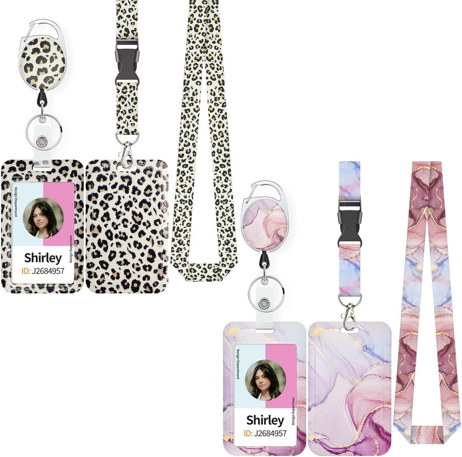 Fashionable Sliding Badge Holder Leopard Print & Pink Marble Plastic Case with Retractable Badge Reel Carabiner Clip & Detachable Lanyard Strap Vertical Card Protector for Worker Student