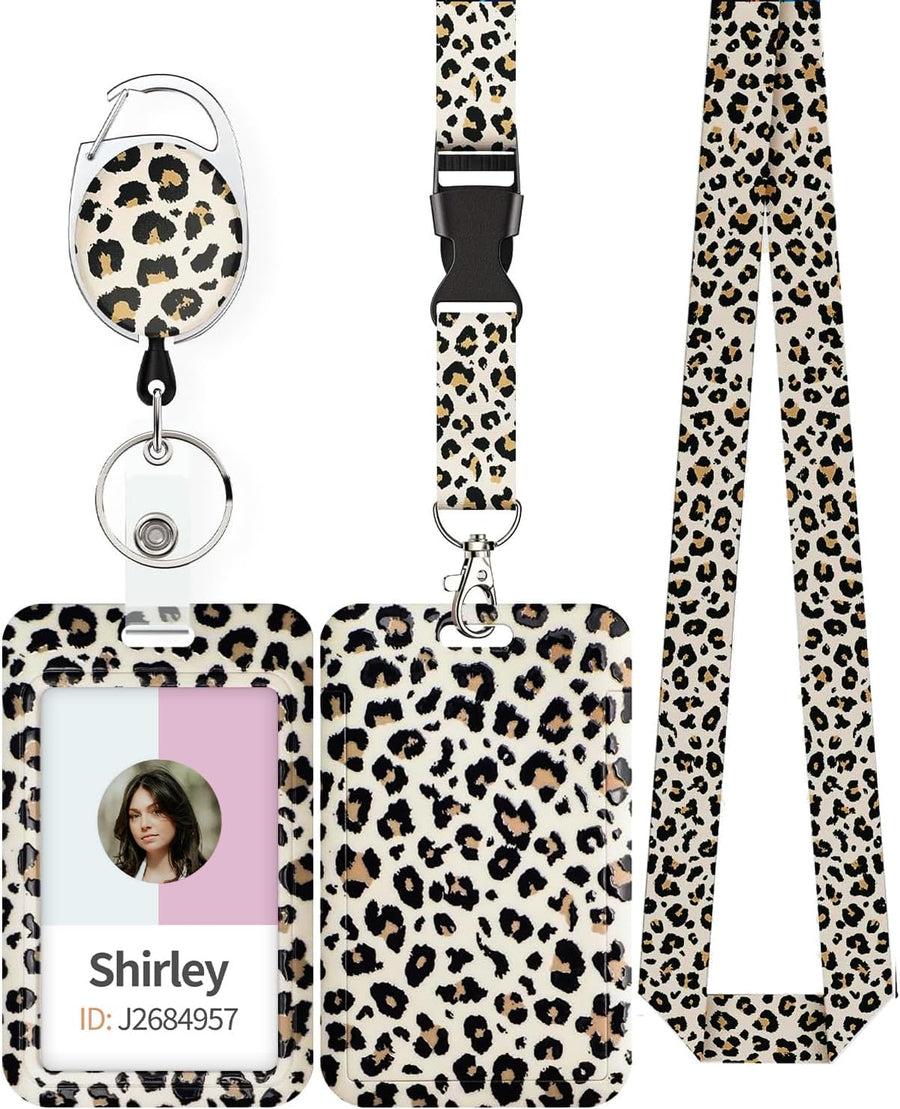 Fashionable Sliding Badge Holder Leopard Print & Pink Marble Plastic Case with Retractable Badge Reel Carabiner Clip & Detachable Lanyard Strap Vertical Card Protector for Worker Student