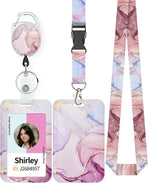 Fashionable Sliding Badge Holder Leopard Print & Pink Marble Plastic Case with Retractable Badge Reel Carabiner Clip & Detachable Lanyard Strap Vertical Card Protector for Worker Student