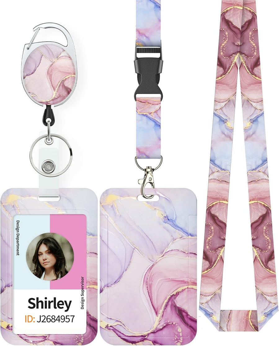 Fashionable Sliding Badge Holder Leopard Print & Pink Marble Plastic Case with Retractable Badge Reel Carabiner Clip & Detachable Lanyard Strap Vertical Card Protector for Worker Student