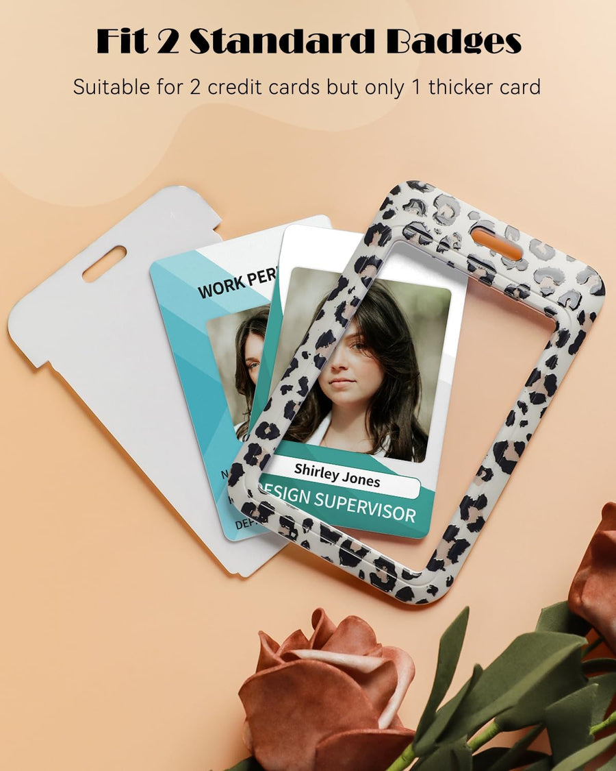 Fashionable Sliding Badge Holder Leopard Print & Pink Marble Plastic Case with Retractable Badge Reel Carabiner Clip & Detachable Lanyard Strap Vertical Card Protector for Worker Student