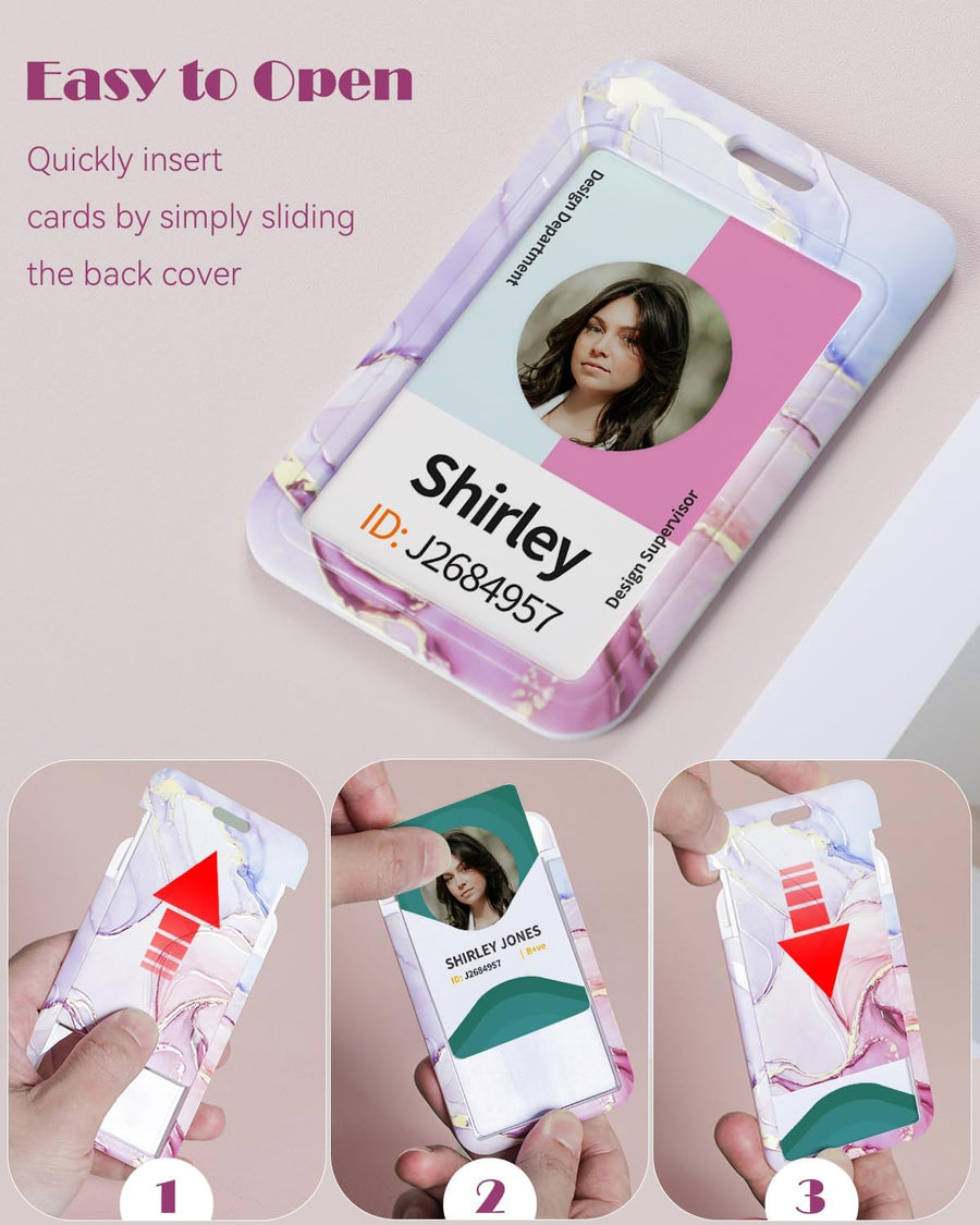 Fashionable Sliding Badge Holder Leopard Print & Pink Marble Plastic Case with Retractable Badge Reel Carabiner Clip & Detachable Lanyard Strap Vertical Card Protector for Worker Student