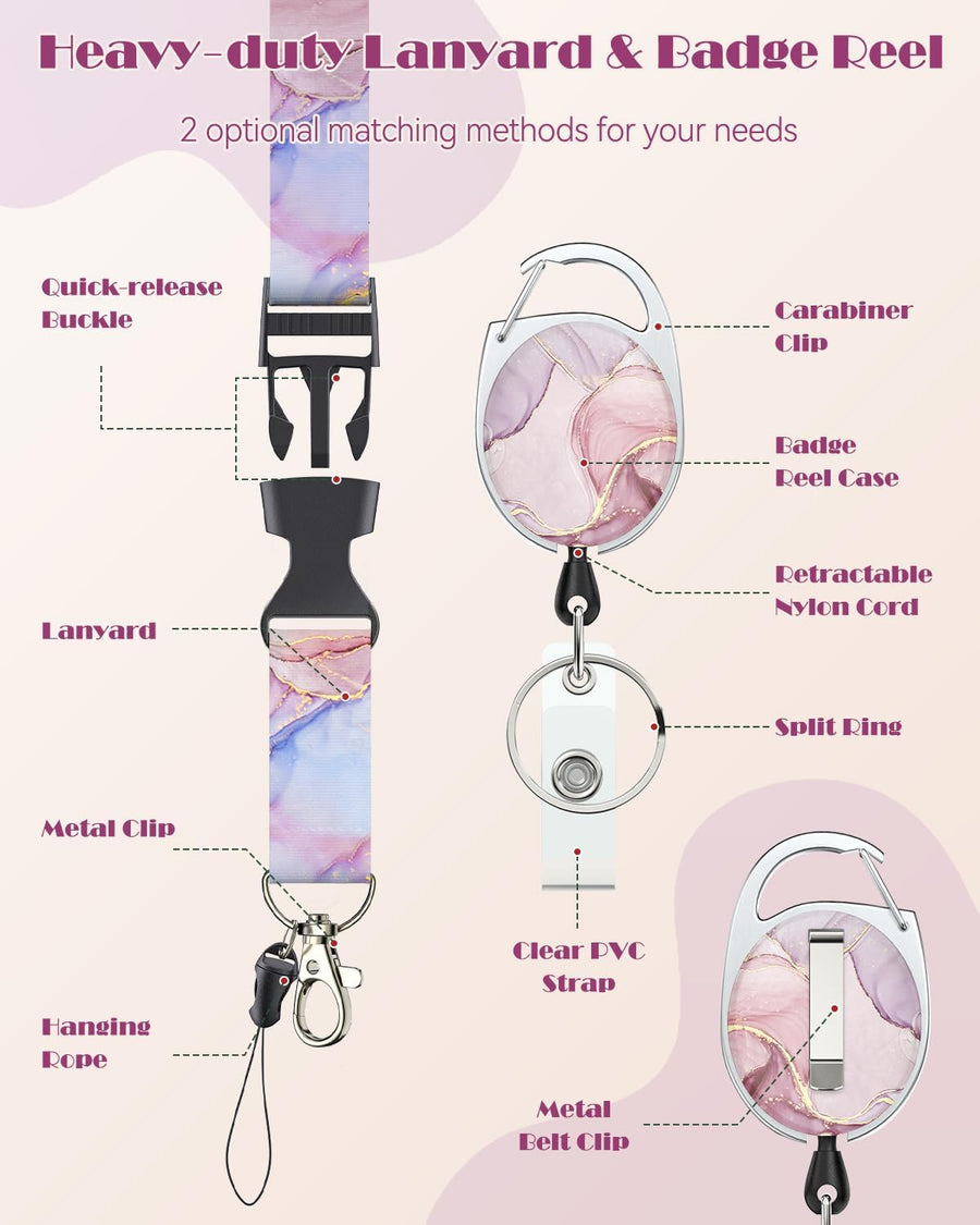 Fashionable Sliding Badge Holder Leopard Print & Pink Marble Plastic Case with Retractable Badge Reel Carabiner Clip & Detachable Lanyard Strap Vertical Card Protector for Worker Student