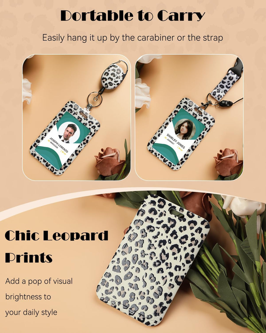 Fashionable Sliding Badge Holder Leopard Print & Pink Marble Plastic Case with Retractable Badge Reel Carabiner Clip & Detachable Lanyard Strap Vertical Card Protector for Worker Student