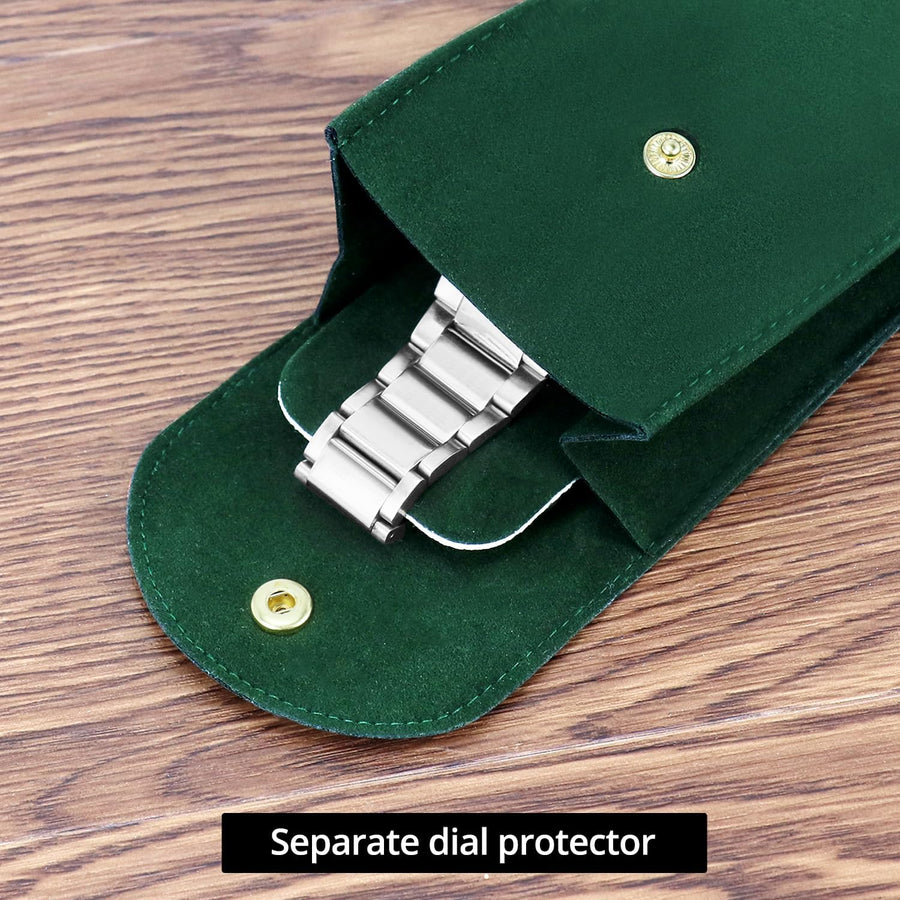 Luxury Velvet Watch Travel Case with Copper Buckle, Green, 13×7cm, Portable Double-Layer Protective Watch Bag for Men, 4 Pcs