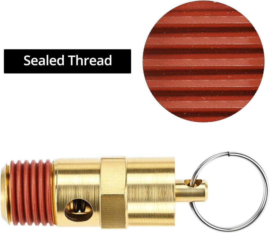 Brass Pressure Relief Valve (2 Pack) - 1/4 Inch NPT Threaded, 150 PSI Rating, Air Compressor Check Valve with Seal Thread Locks