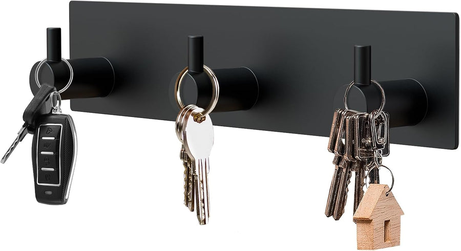 Magnetic Key Holder Wall Mount, Metal Adhesive Key Hanger with 3 Hooks, No Drilling, 2 Mount Options, Black, Small