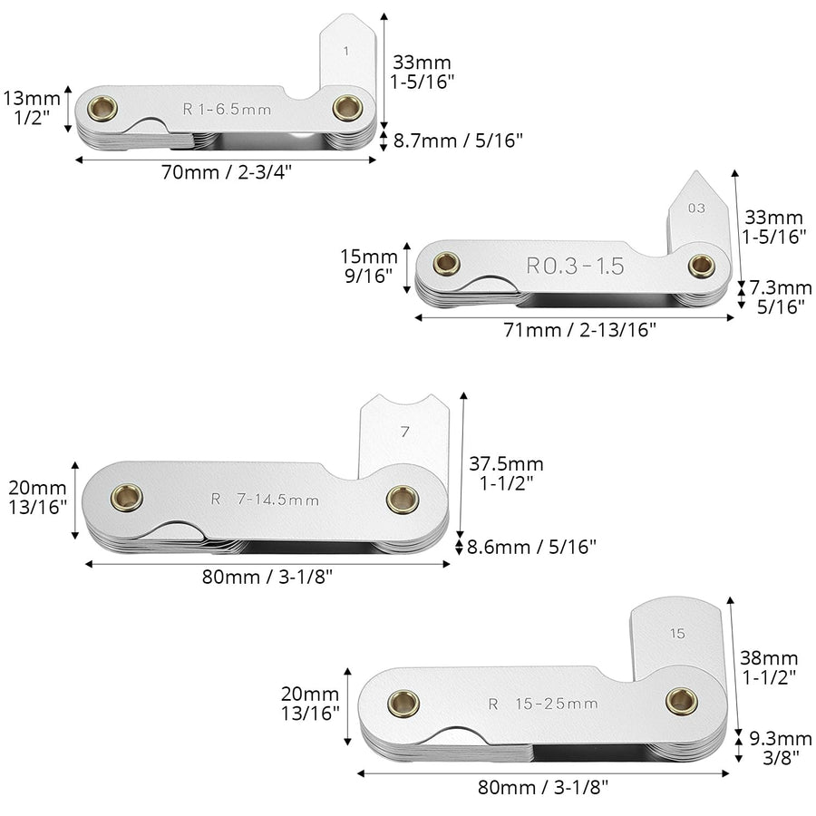 4 Pack Radius Gauge Set, Precision Stainless Steel Measurement Tool for Convex & Concave Surfaces, R0.3-1.5mm/ R1-6.5mm/ R7-14.5mm/ R15-25mm