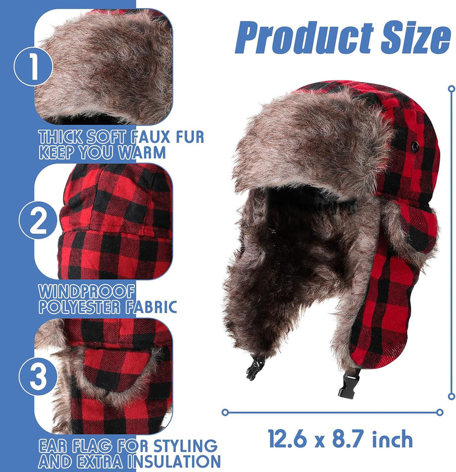 2 Pcs Buffalo Plaid Trapper Hats for Men Lumberjack Hat Ear Flap, Winter Xmas Warm Ushanka Cap Unisexs (Conventional Color)