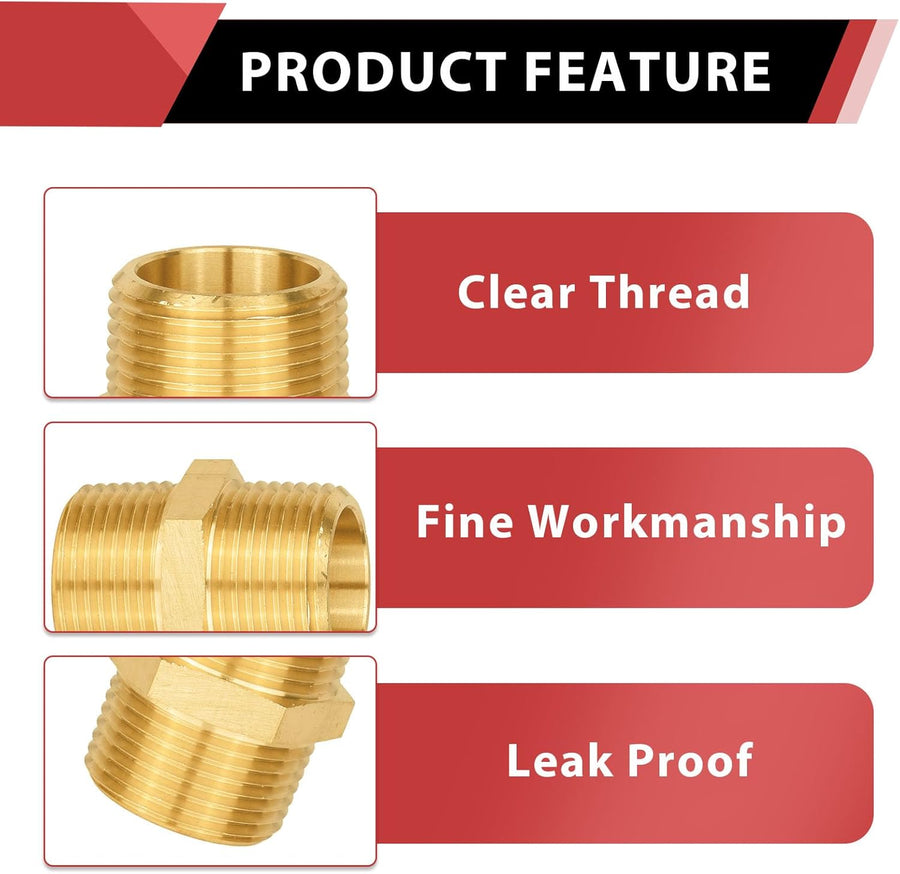 (Pack of 5)  Brass Pipe Fitting, 1/2" x1/2" Male NPT Hex Nipple Straight Adapters For Copper, Brass or Iron Pipe Connection (5, 1/2 inch),(NPT013-5PCS)