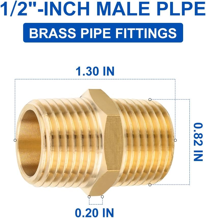 (Pack of 5)  Brass Pipe Fitting, 1/2" x1/2" Male NPT Hex Nipple Straight Adapters For Copper, Brass or Iron Pipe Connection (5, 1/2 inch),(NPT013-5PCS)