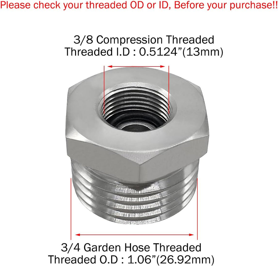 Stainless Steel 3/8 Compression Female Thread(I.D:0.512") to 3/4 Male Garden Hose Threaded(O.D:1.06") Adapter Hex Bushing(Pls check size chart!)