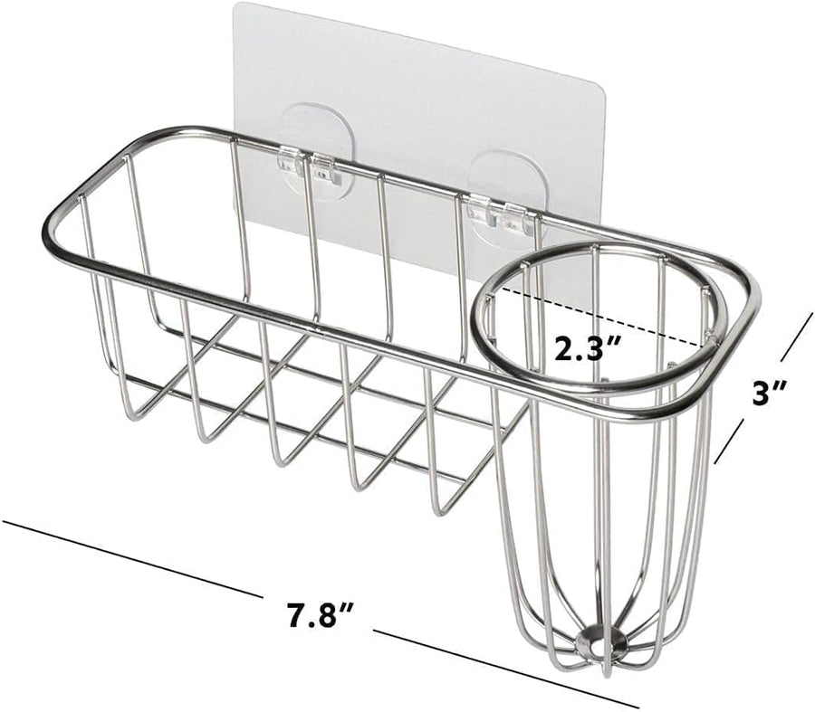 3-in-1 Sponge Holder for Kitchen Sink with Dish Brush Holder, Stainless Steel Caddy for Soap, Scrubber, No Drill and Rustproof, Silver