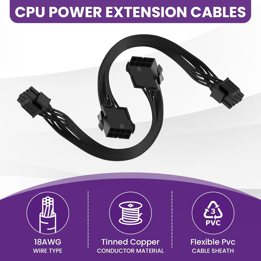 2 Pack CPU 8 Pin ATX Power Extension Cable, EPS 8 PIN Male (4+4) to 8 PIN Female Power Extension Cable for Motherboard, 9 Inch