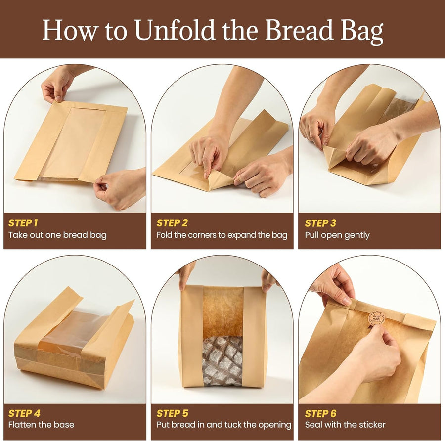 100 Pack Paper Bread Bags for Homemade, Bread Bags with Window for Sourdough Bread Storage, 13.7x8.3x3.5 Inch, Includes Seal Stickers