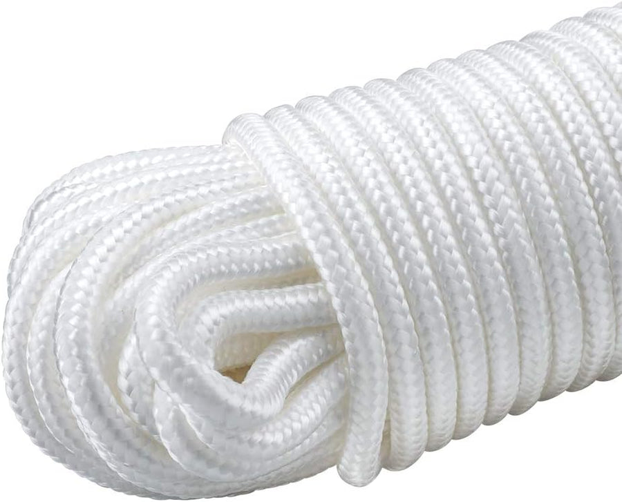 Nylon Rope - 100 Ft White Nylon String, 1/4 Inch Solid Braided Rope, Thick Washing Line for Multi-Purpose Tie Down, Clothesline, Gardening, Craft Projects