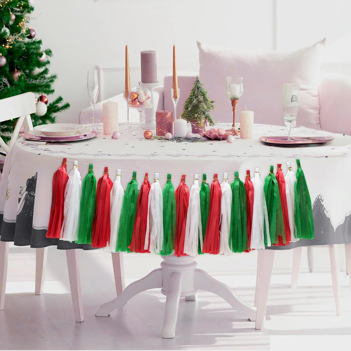 21Pcs Tassel Christmas Garland Paper Tassel Garland Banner, Green Red and White DIY Tassel Christmas Garland Decor Christmas Tree Mantle Office Window Door Indoor