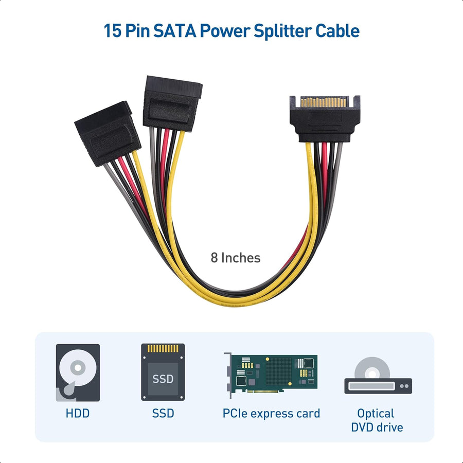 3-Pack 15 Pin SATA Power Splitter Cable - 8 Inches, SATA Power Y-Splitter Cable