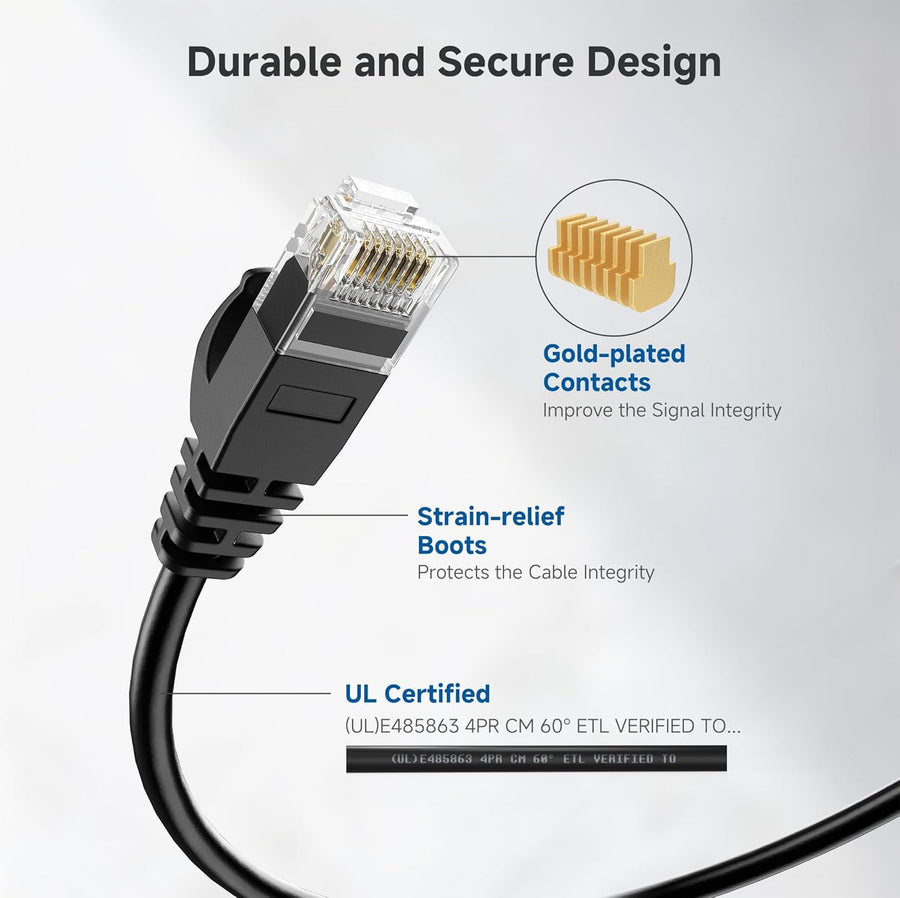 10Gbps Snagless Cat 6 Ethernet Cable - 25ft, Slim Profile Cat 6 Cable, Cat6 Cord, Thin Ethernet Cord, Black