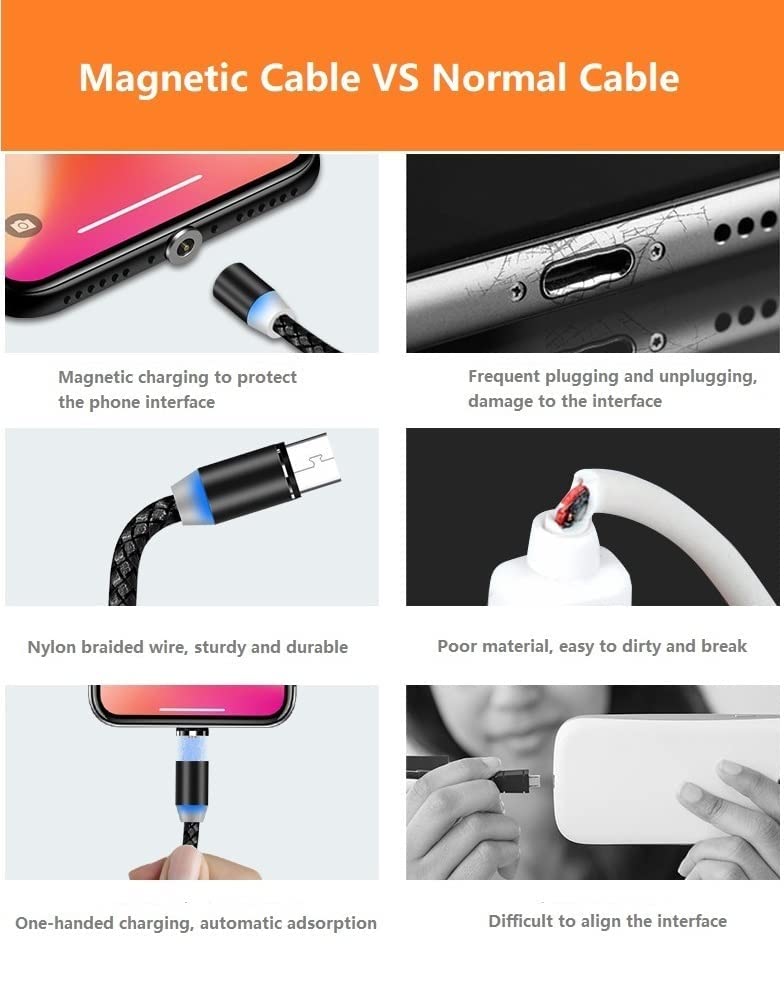 Magnetic Charging Cable 6pcs,Just 360°Rotate Magnetic Cables Without Magnetic Charging Tips,[3.3ft/1m,2.4 A Max 3in1 Nylon Braid Cord(3.3ft/Black), 6PC/3.3ft/Black