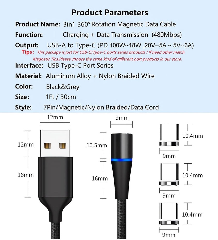 Magnetic Charging Cable 7Pin Sereis 2Pack 1Ft USB-C Short Cable Sets–Fast Charging Compatible for USB Type-C Devices(2PCS/1FT/360°7Pin/Black)