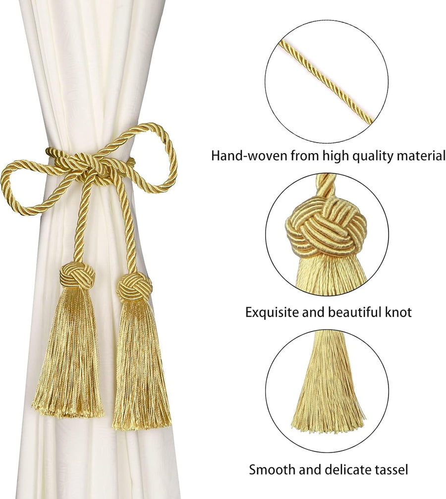 2 Pack Curtain Handmade Tiebacks Decorative Curtain Holdbacks with Tassel (Gold, 2 Pack)