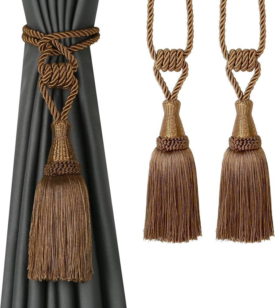 Curtain Tiebacks Handmade Holdbacks for Curtains Drape Decorative Tie Backs with Tassels(Coffee, 2 Pack)