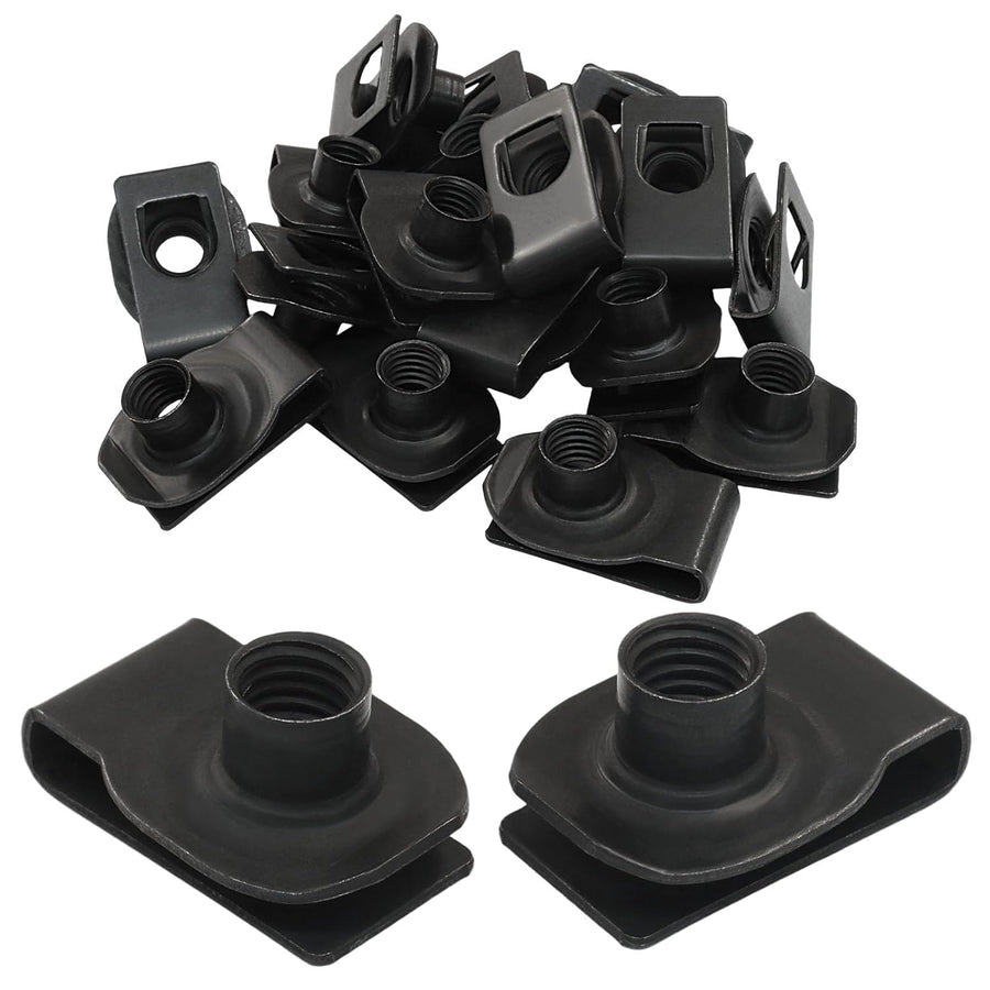 25 Pcs Extruded U Type Nuts, M10 Bumper Fender U Style Clip on Nut Black Fasteners, Spring Nuts for Automotive Metal Fender/Grill Retainer Clips