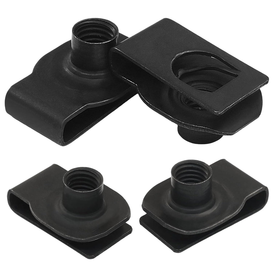 25 Pcs Extruded U Type Nuts, M10 Bumper Fender U Style Clip on Nut Black Fasteners, Spring Nuts for Automotive Metal Fender/Grill Retainer Clips