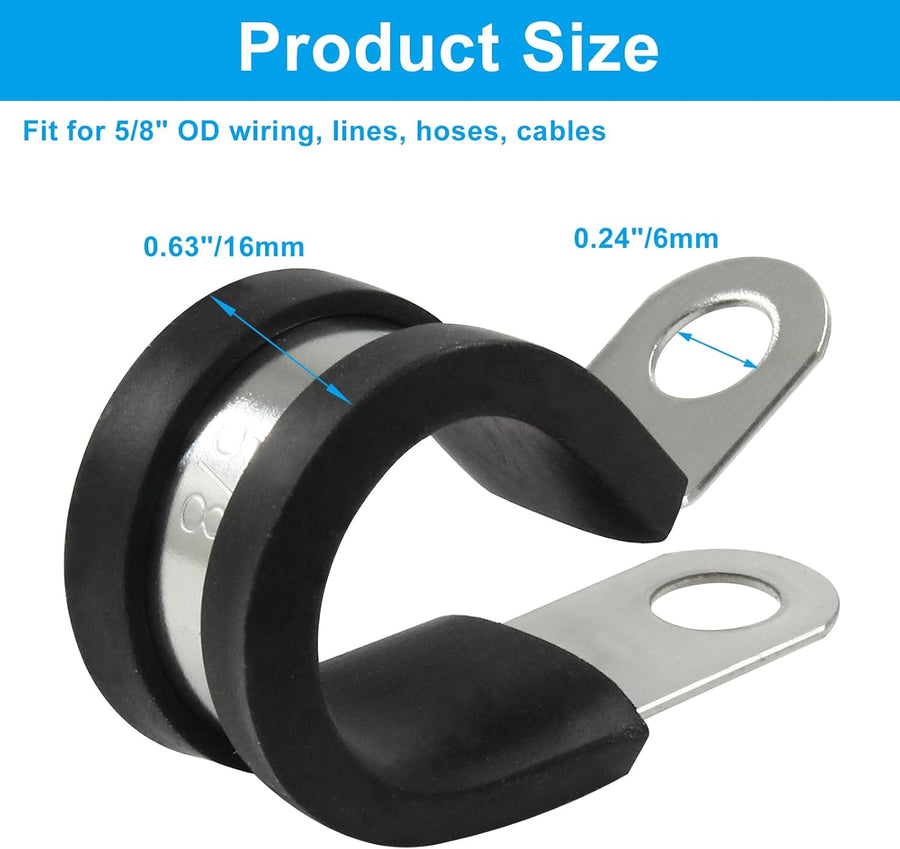 20 PCS 5/8 Inch Cable Clamp 304 Stainless Steel Pipe Clamp, Rubber Cushioned Insulated