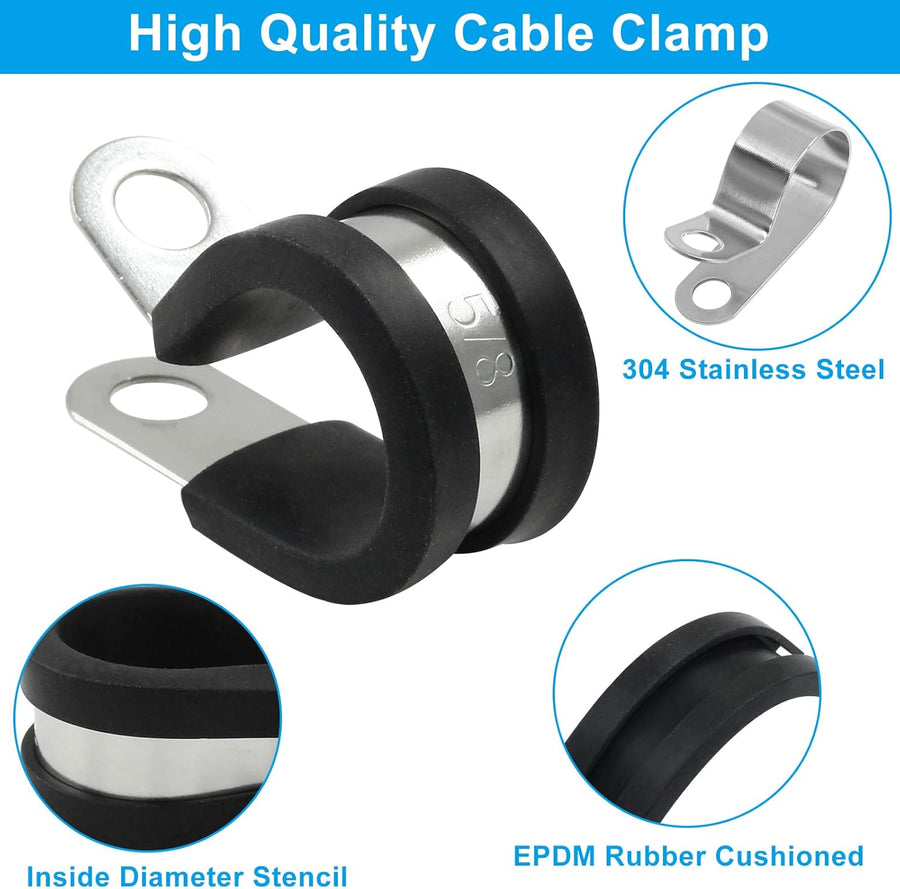20 PCS 5/8 Inch Cable Clamp 304 Stainless Steel Pipe Clamp, Rubber Cushioned Insulated