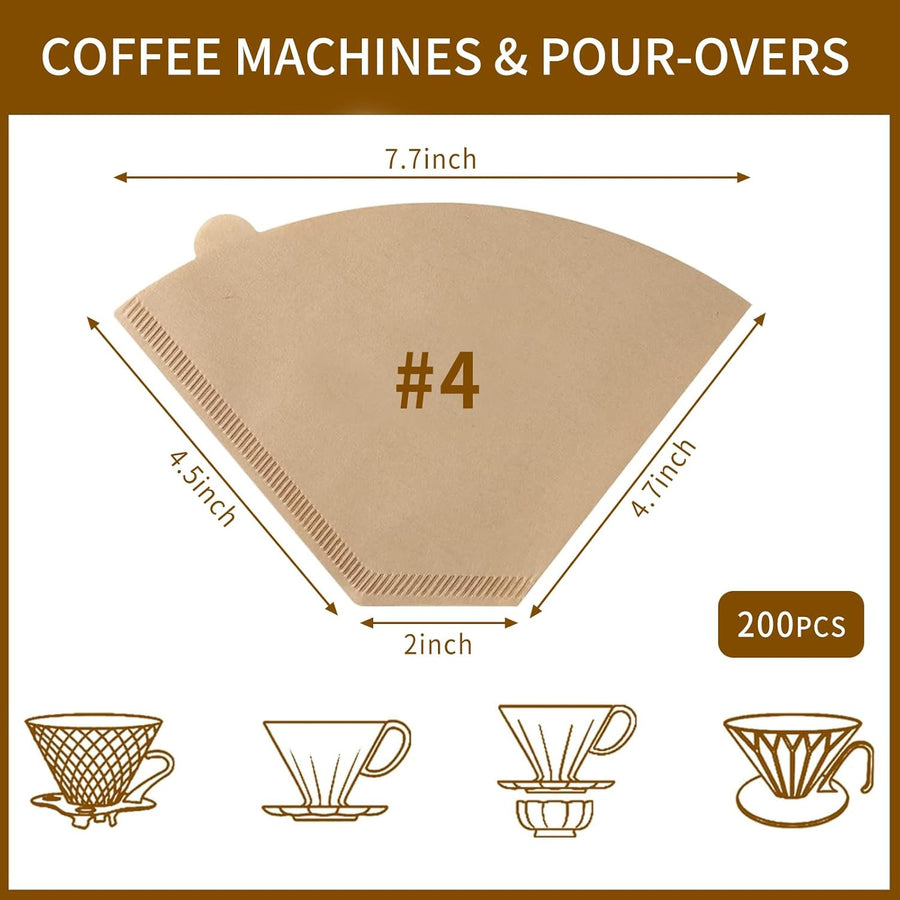 Coffee Filters #4，Cone Coffee Filter 8-12 Cup，200 Unbleached Natural Coffee Filters