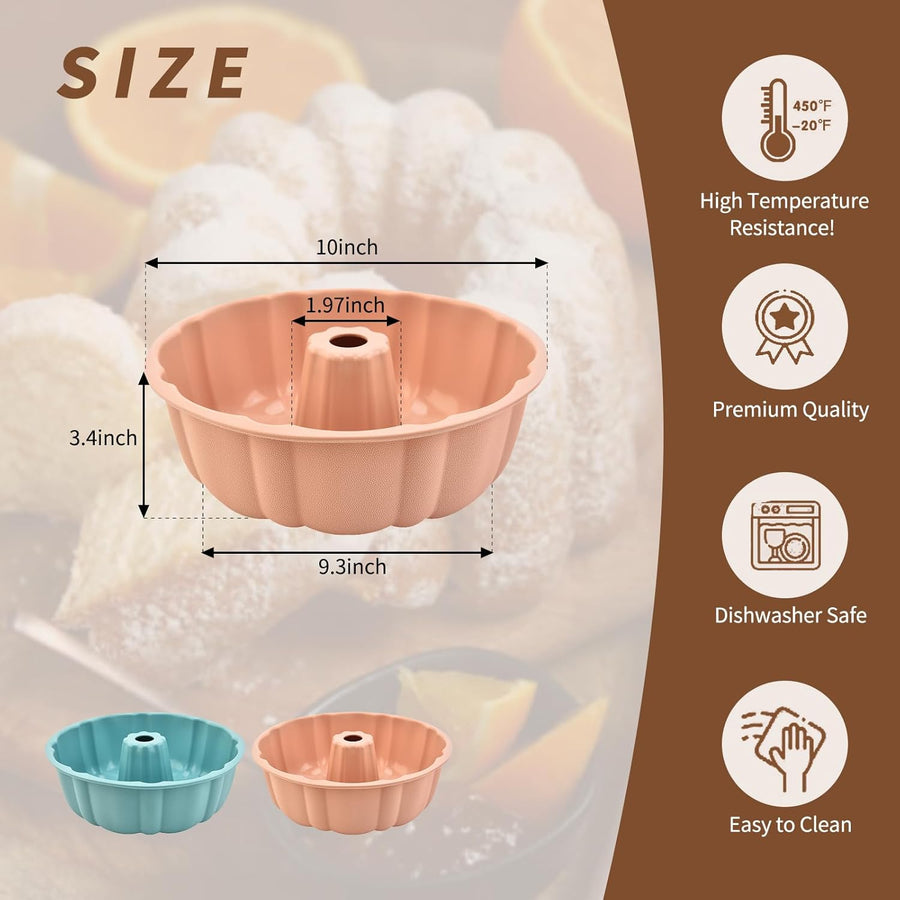 2 Pack Silicone Cake Pan Nonstick,10 Inch, Silicone Cake Molds,Pound Cake Pan, Baking Cake Pan for Jello,Gelatin,Cake,Brownie and Bread（Pink+Blue）