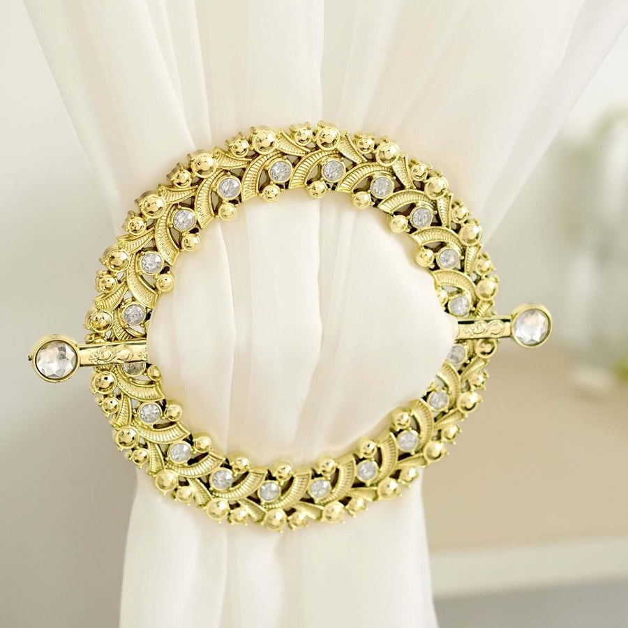 Efavormart 2 Pack | 7" Gold Barrette Style Acrylic Crystal Curtain Tie Backs, Round Backdrop Drapery Brooch Holdbacks