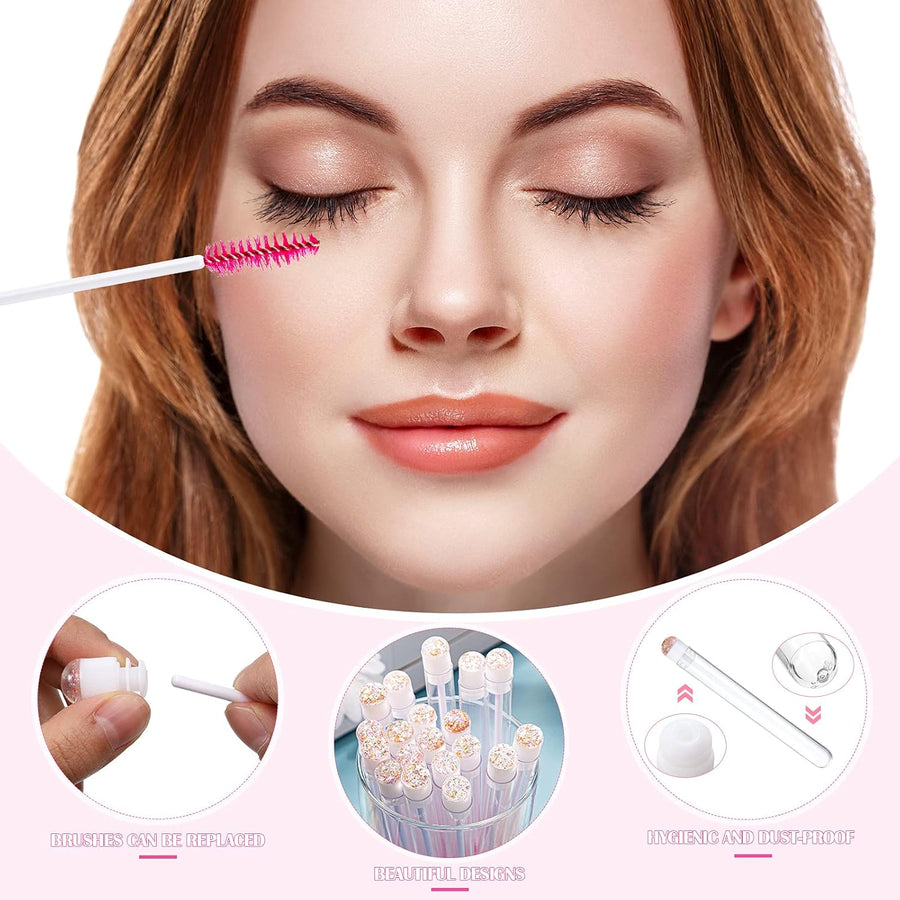 80 Pieces Disposable Mascara Brushes Tubes Set, 40 Pieces Empty Mascara Wand Tube with 40 Pieces Eyelash Brush Makeup Tool for Eyelash Extension(Pink Gold Sequins Style)