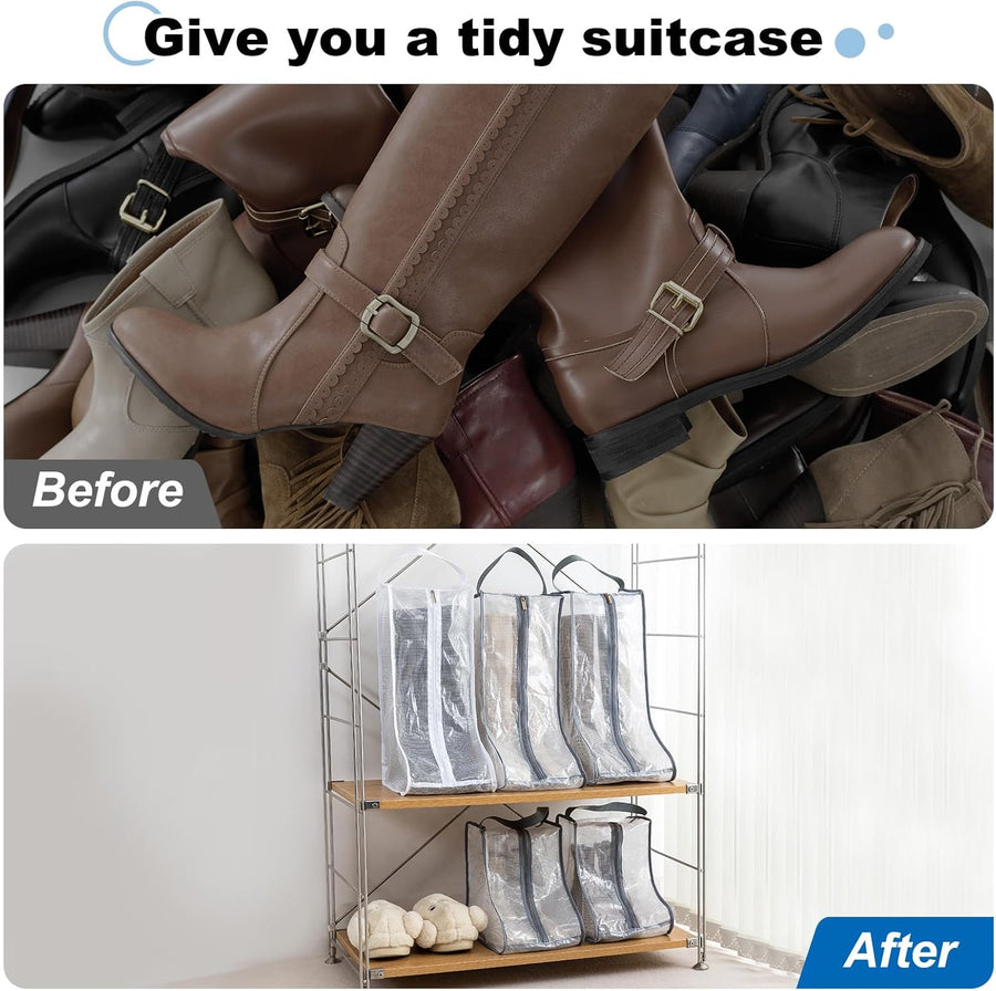 2Pack Boot Storage Bag Portable, PVC Shoe Storage Bag with Zipper Clear Boots Cover Protector Bag for Short Boots and Short Boots Storage Travel and Daily Use, Black Tall