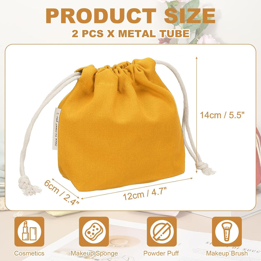 2 Pcs Drawstring Makeup Bag, 4.7" Canvas Cosmetic Bag Women's Make Up Bags Toiletry Organizer Pouch for Travel Toiletries Accessories, Orange